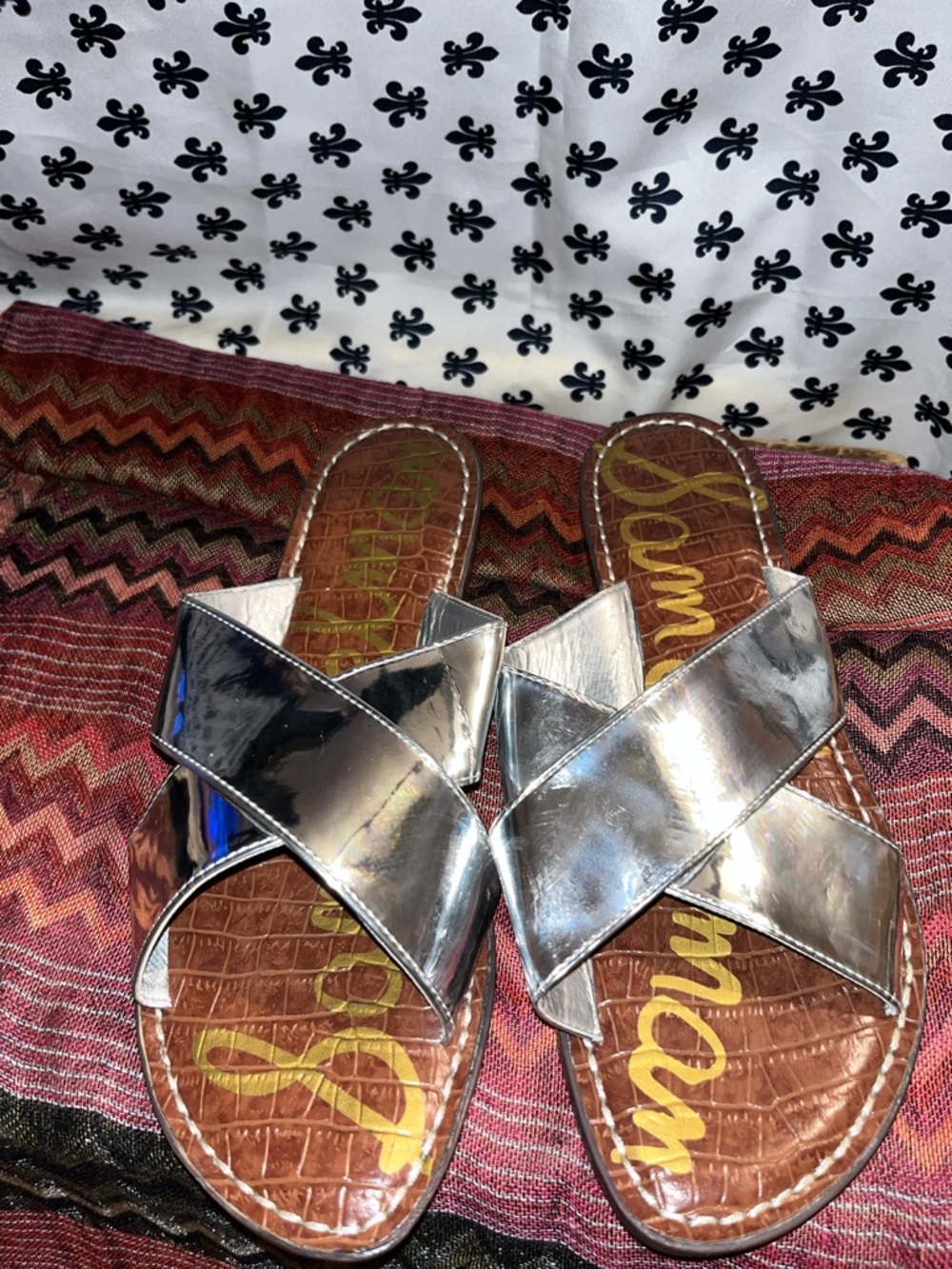 Sam Edelman Metallic Silver Cross-Strap Slide Sandals